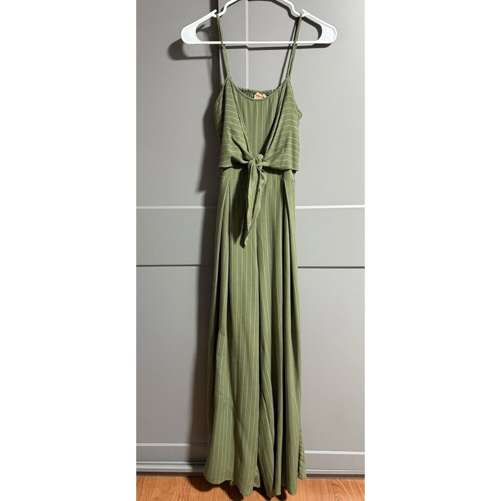 Flying Tomato Wide Leg Pinstripe Tie Front Keyhole Back Strap Jumpsuit Green XS